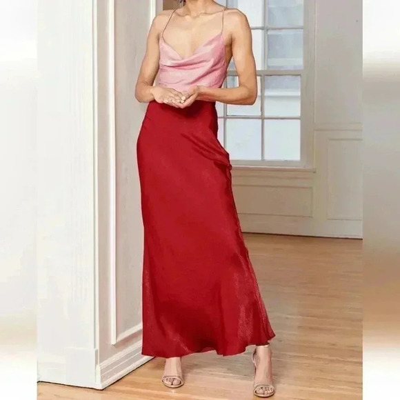 Lulus Exquisite Evening Pink Red Color Block Satin Maxi Dress Valentine's Day - Picture 2 of 14